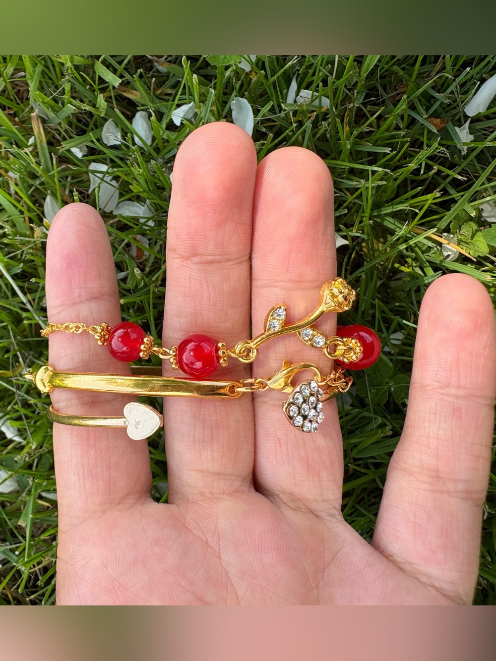 Romantic Red Bead Gold Rose Bracelet Heart Rhinestone Charm Jewelry